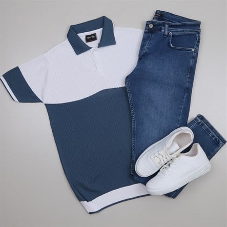 Mavi Beyaz Triko Polo Yaka Tişört Pantolon Kombini Erkek | Slim Fit Şık Günlük Set