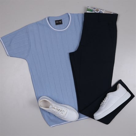 mavi bisiklet yaka Triko Polo Yaka Tişört lacivert kumaş pantolon  ayakkabı Kombin