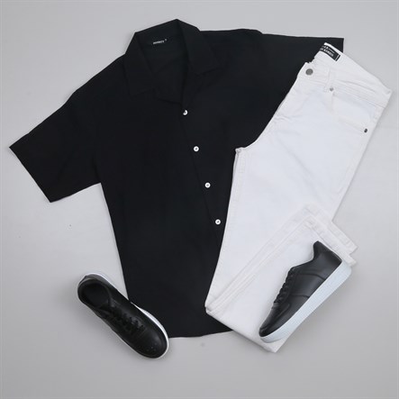 Siyah Kısa Kollu Gömlek Pantolon Kombini Erkek | Slim Fit Şık Günlük Set
