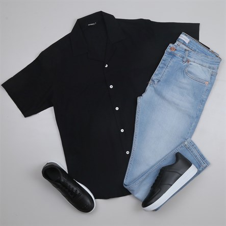 Siyah Kısa Kollu Gömlek Pantolon Kombini Erkek | Slim Fit Şık Günlük Set