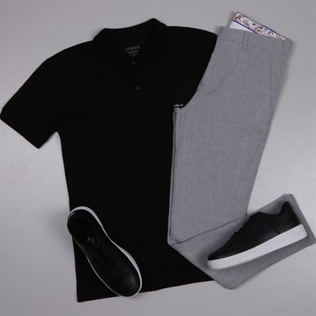 Siyah Polo Yaka Tişört Gri kumaş  pantolon  ayakkabı Kombin