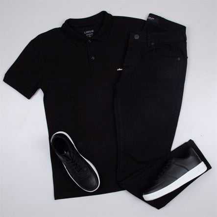 Siyah Polo Yaka Tişört Siyah Kot pantolon  ayakkabı Kombin