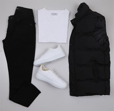 Siyah Şişme Yelek Siyah Kot Pantolon  Tişört Beyaz Ayakkabı Kombini