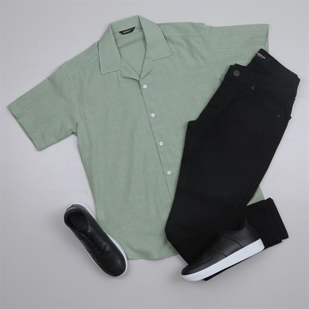 Yeşil Kısa Kollu Gömlek Pantolon Kombini Erkek | Slim Fit Şık Günlük Set