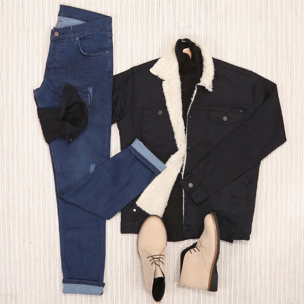 4 Parça Siyah Kot Ceket Kombin