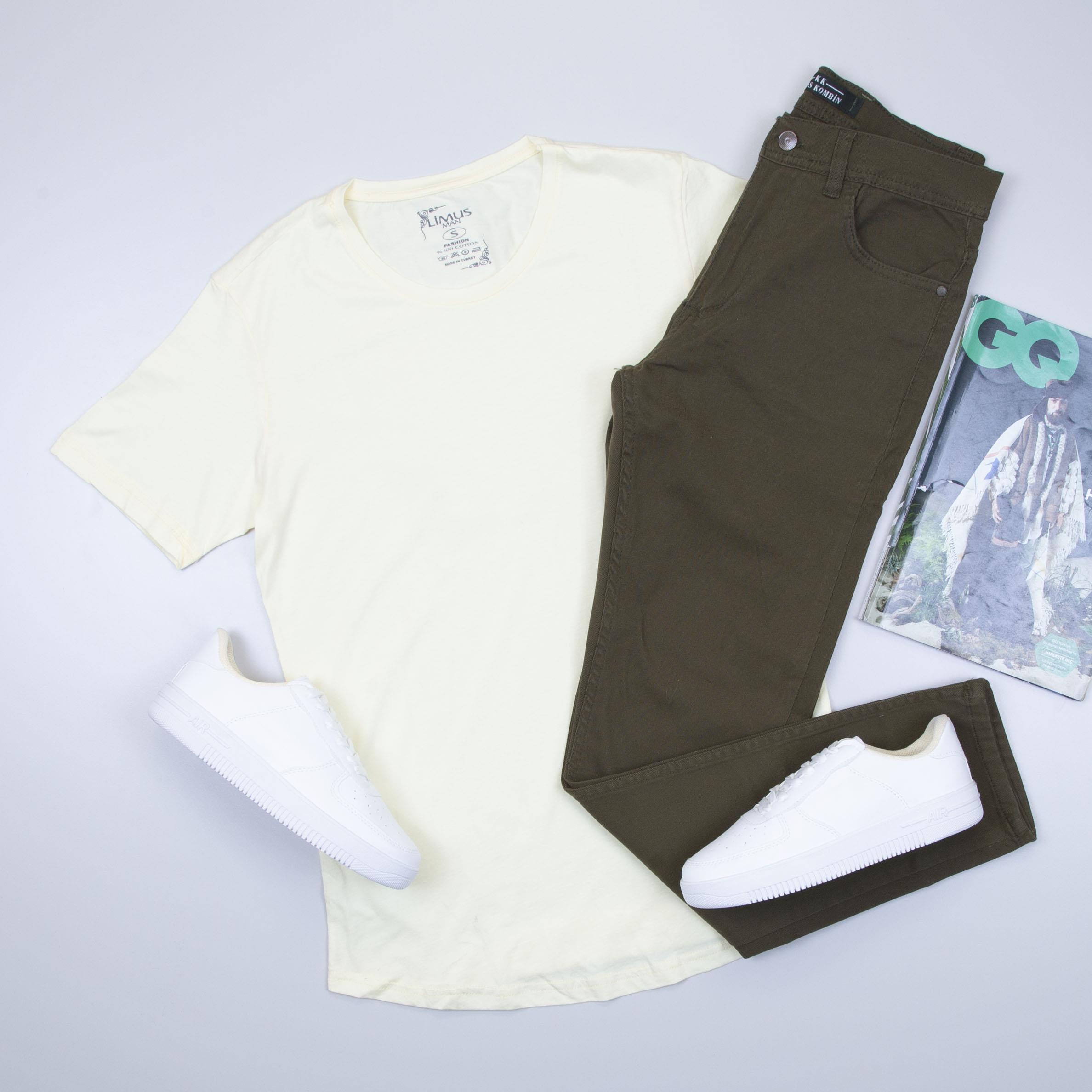 Açık Sarı Basic Tişört Pantolon Ayakkabı Kombin