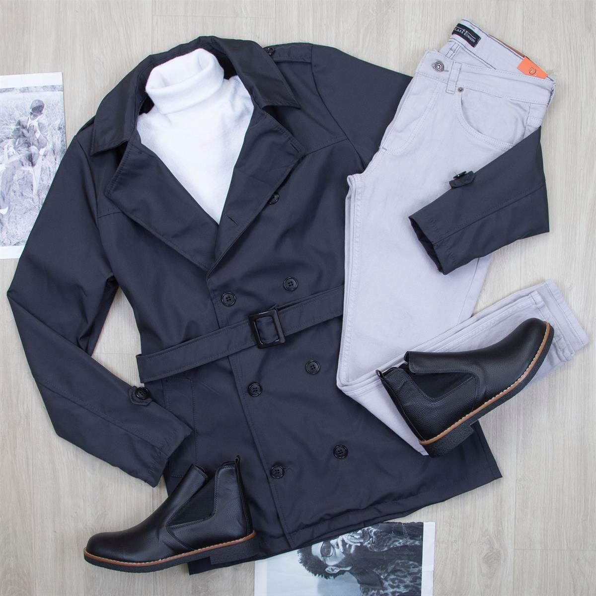 Antrasit Trençkot Boğazlı Body Pantolon Bot Kombin