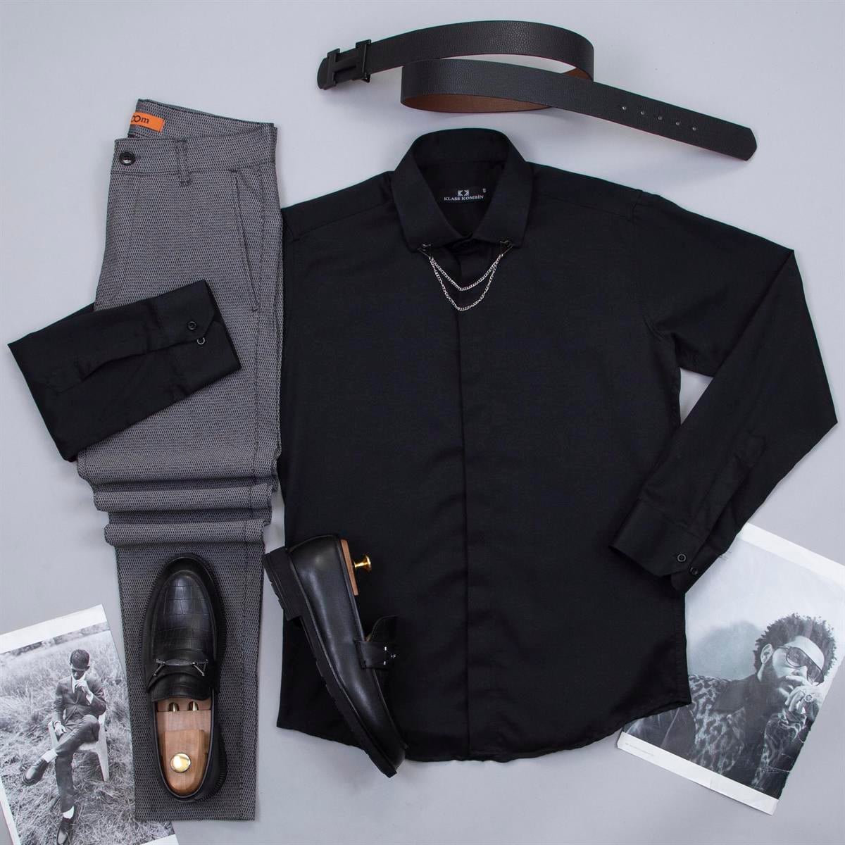 Armürlü Füme Pantolon Siyah Gömlek Ayakkabı Kombin