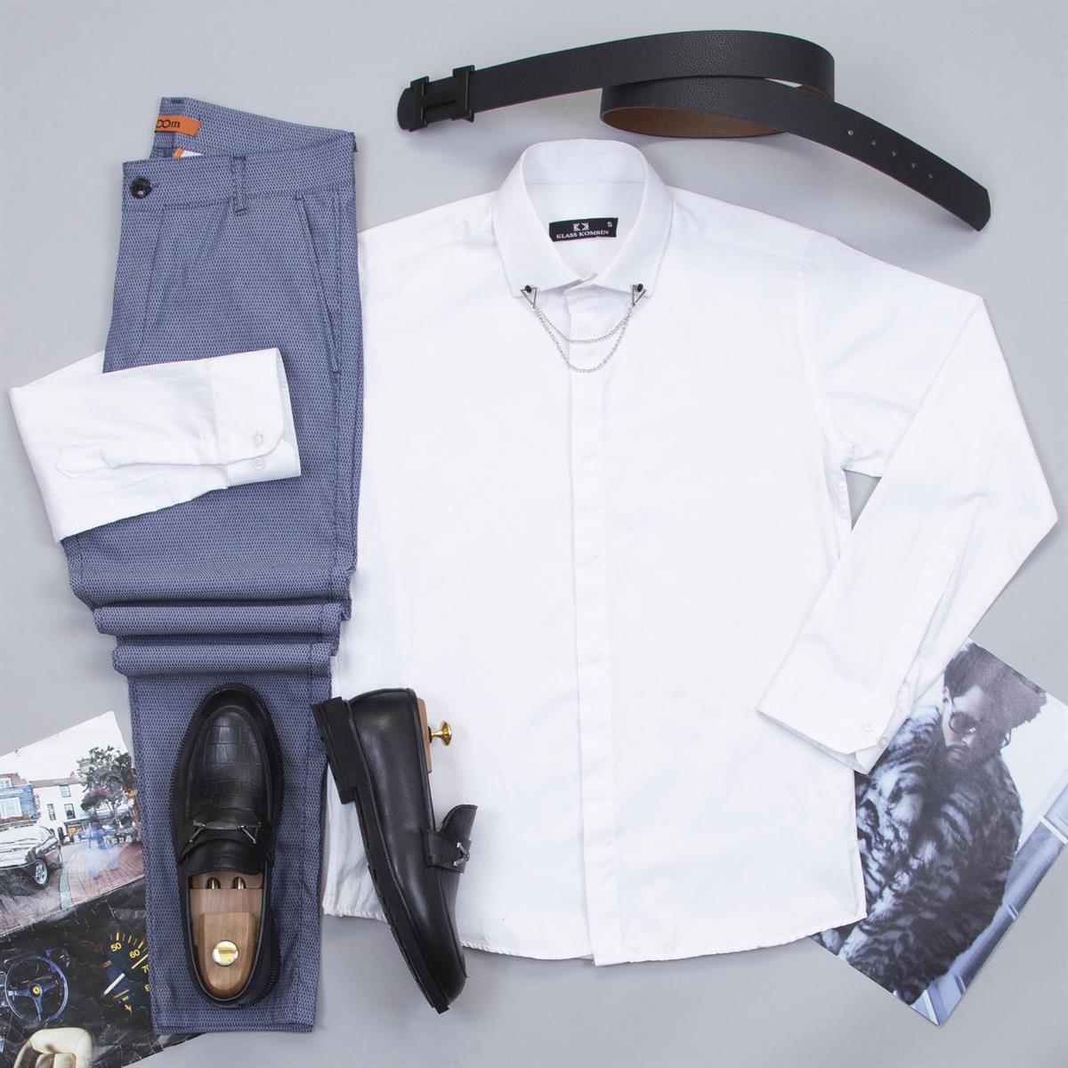 Armürlü Mavi Pantolon Beyaz Gömlek Ayakkabı Kombin