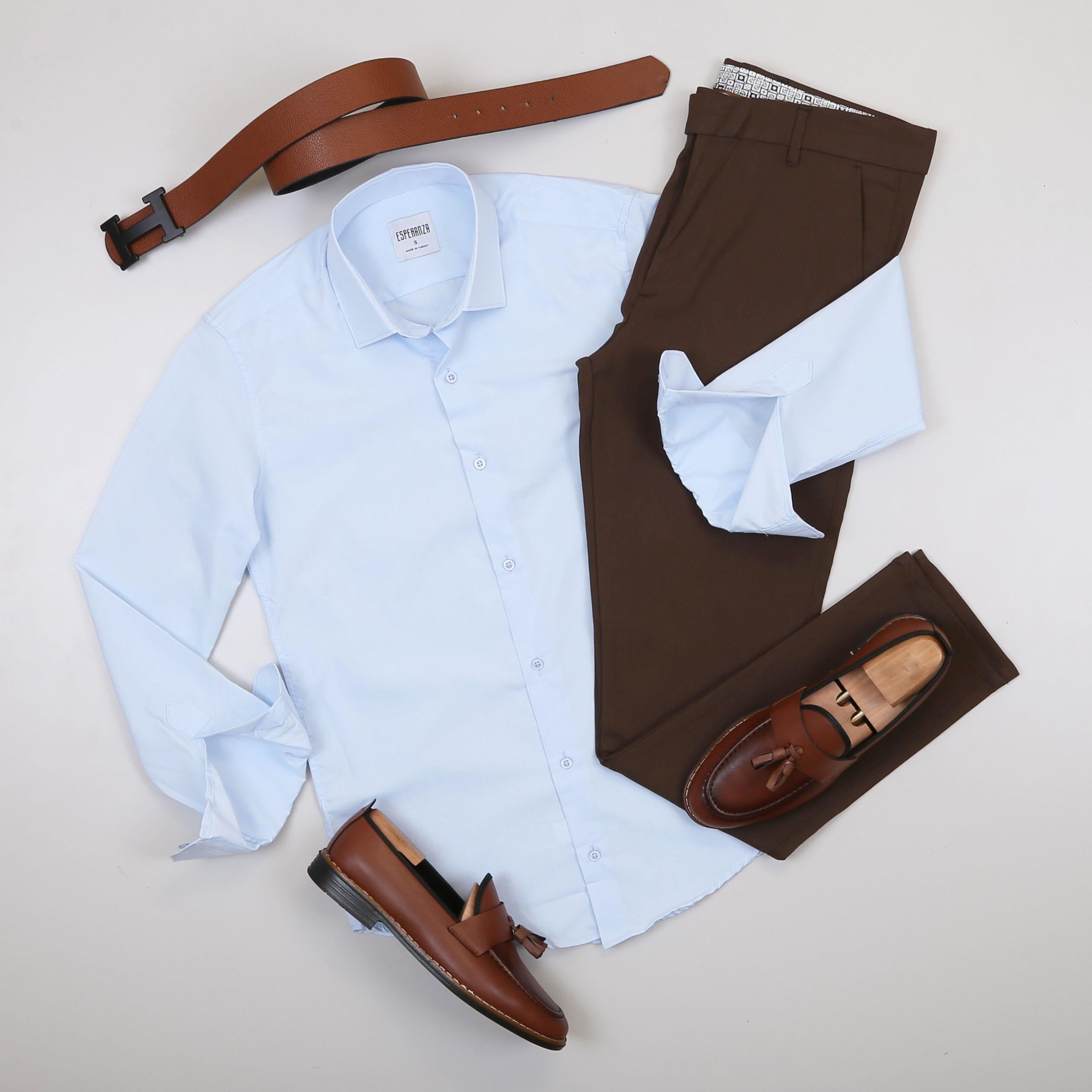 Bebe Mavi Gömlek Kahve Pantolon Ayakkabı Kombin