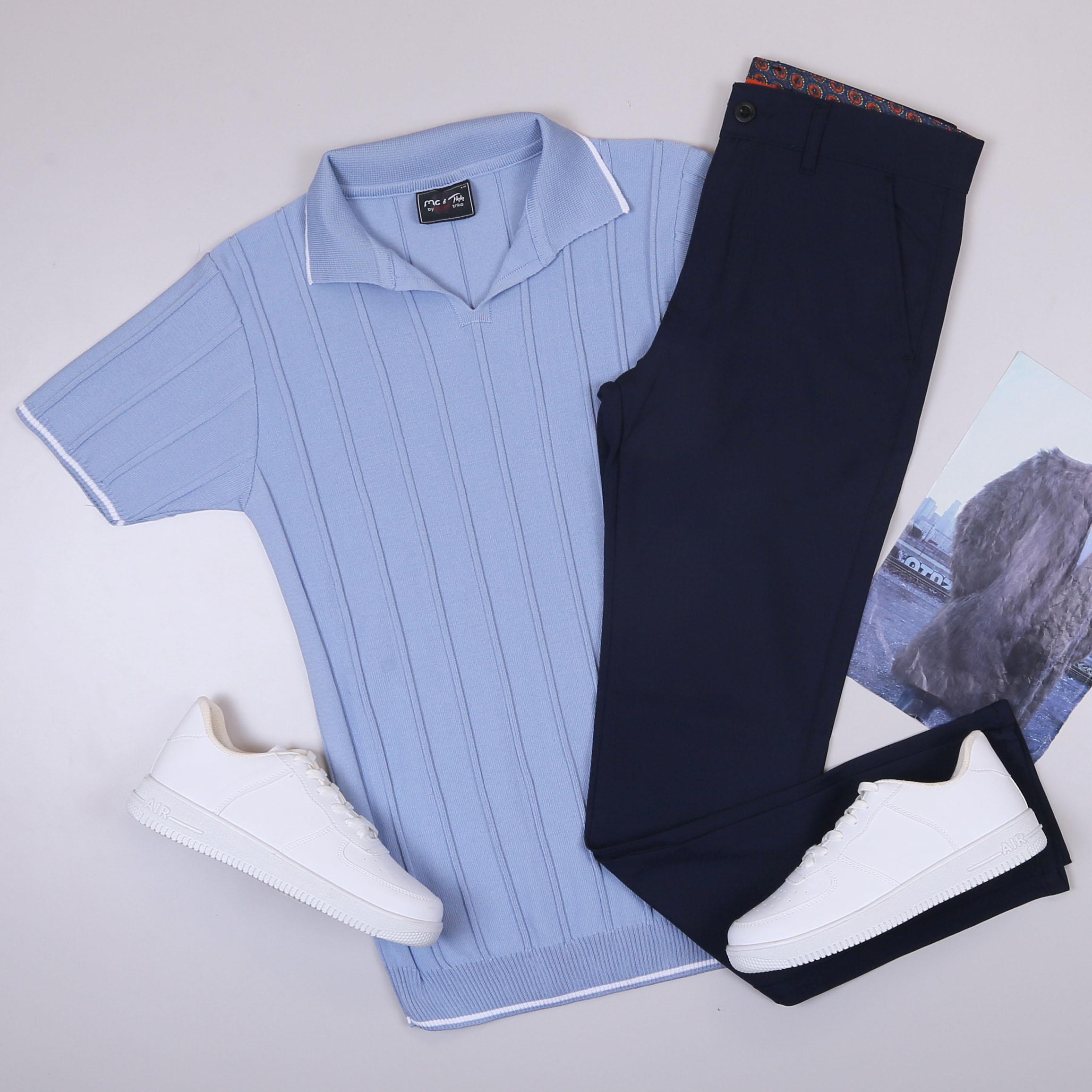 Bebe Mavi Triko Polo Yaka Tişört Pantolon Ayakkabı Kombin