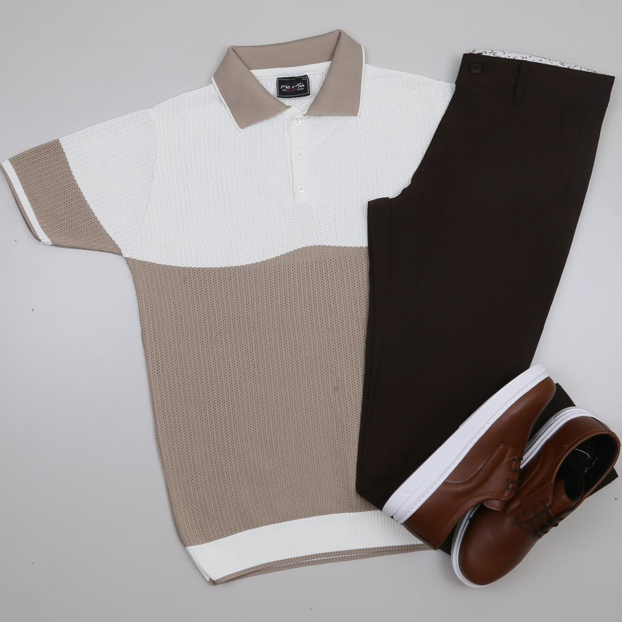 Bej Beyaz Triko Polo Yaka Tişört Pantolon Kombini Erkek | Slim Fit Şık Günlük Set
