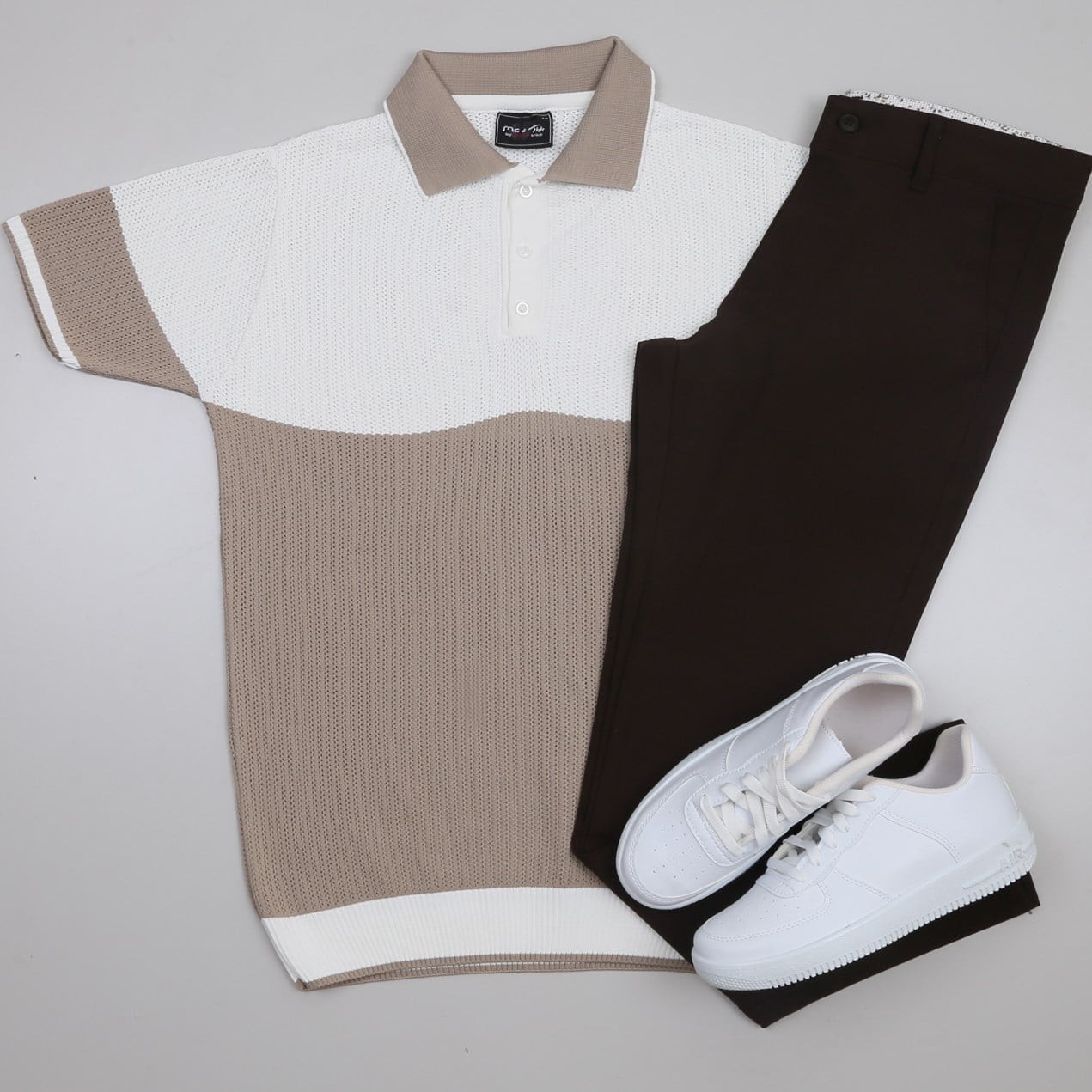 Bej Beyaz Triko Polo Yaka Tişört Pantolon Kombini Erkek | Slim Fit Şık Günlük Set