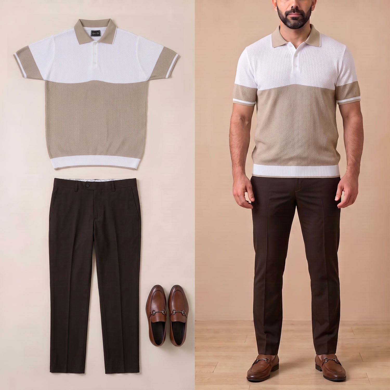 Bej Beyaz Triko Polo Yaka Tişört Pantolon Kombini Erkek | Slim Fit Şık Günlük Set