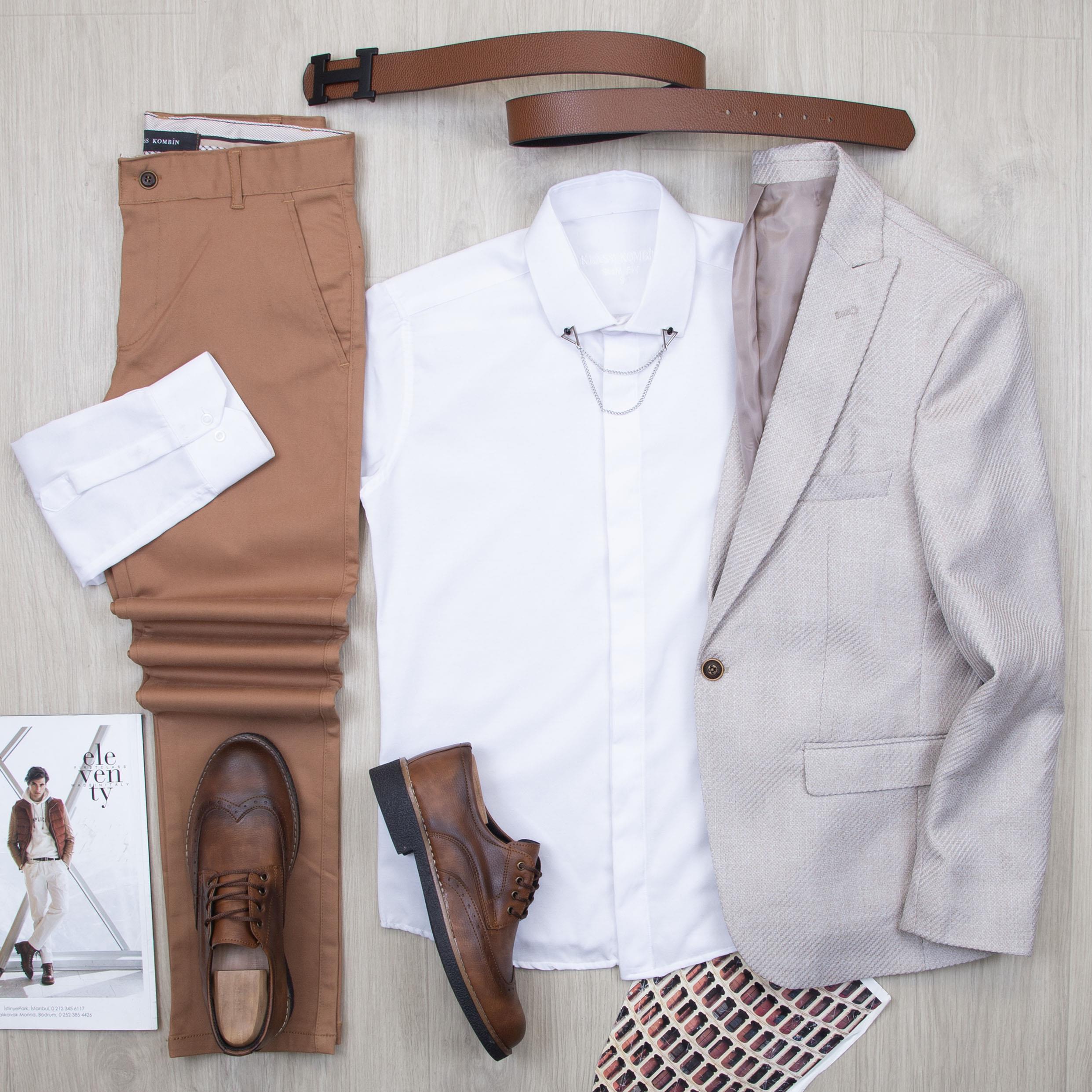 Bej Blazer Ceket Gömlek Pantolon Ayakkabı Kombin