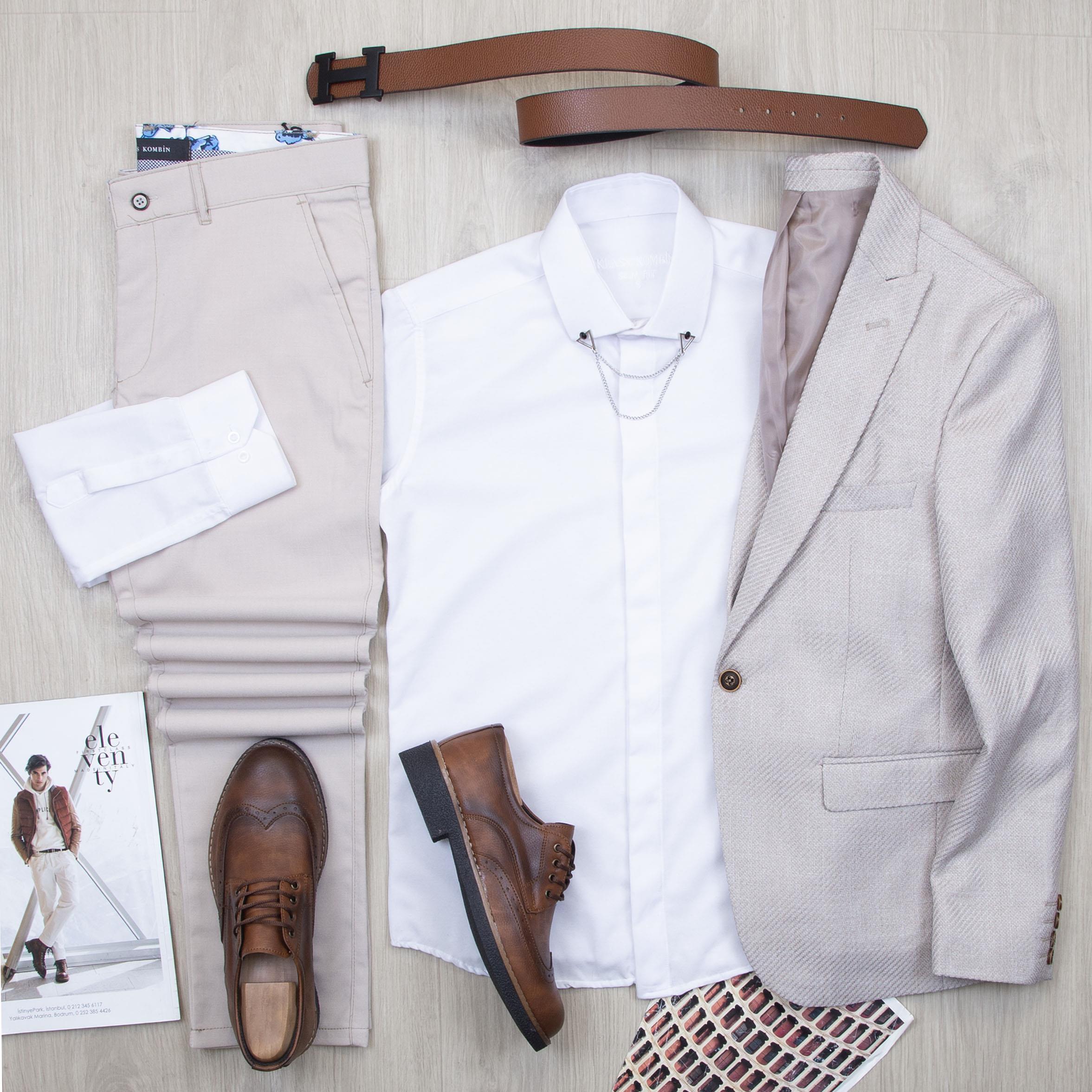 Bej Blazer Ceket Gömlek Pantolon Ayakkabı Kombin