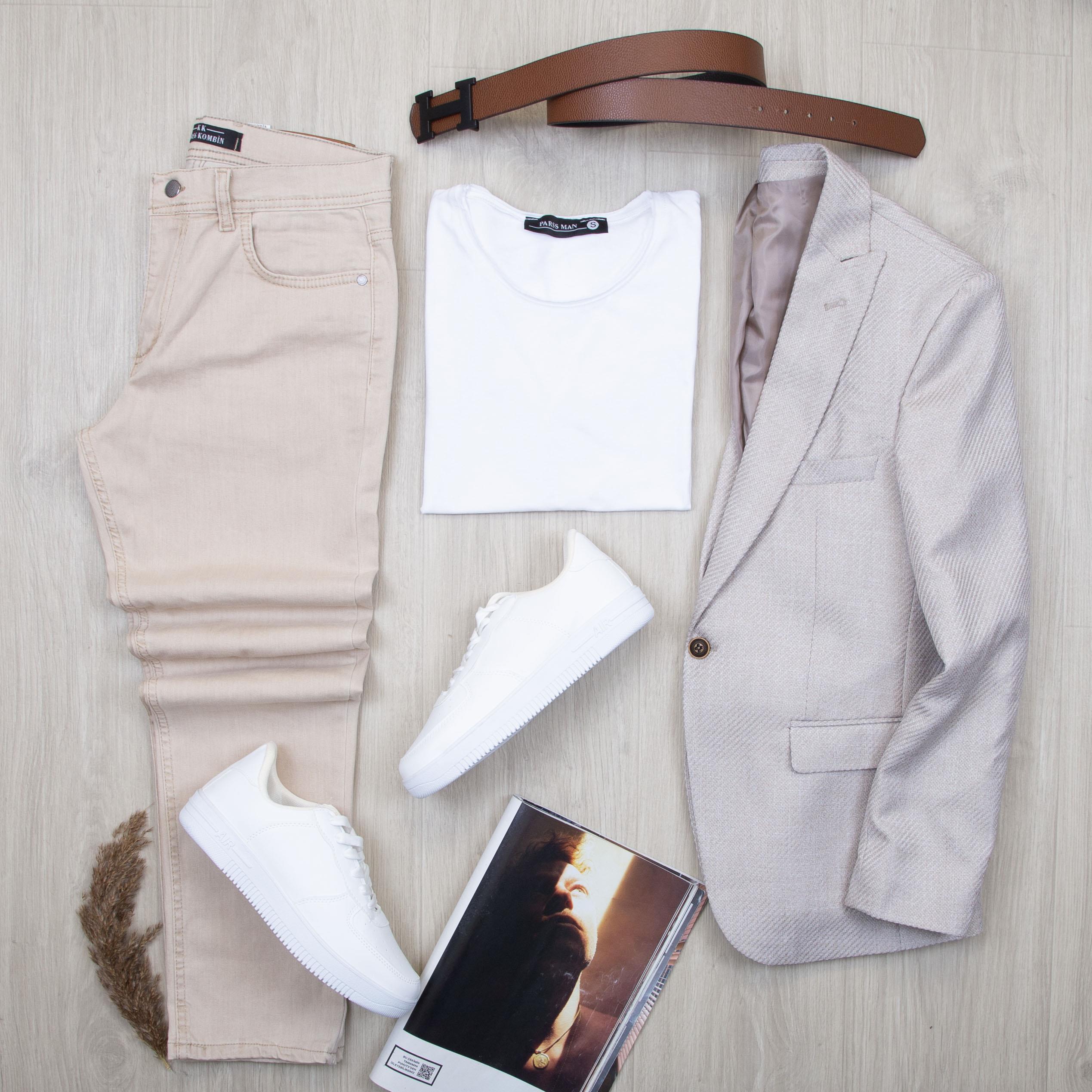 Bej Blazer Ceket Tişört Pantolon Ayakkabı Kombin