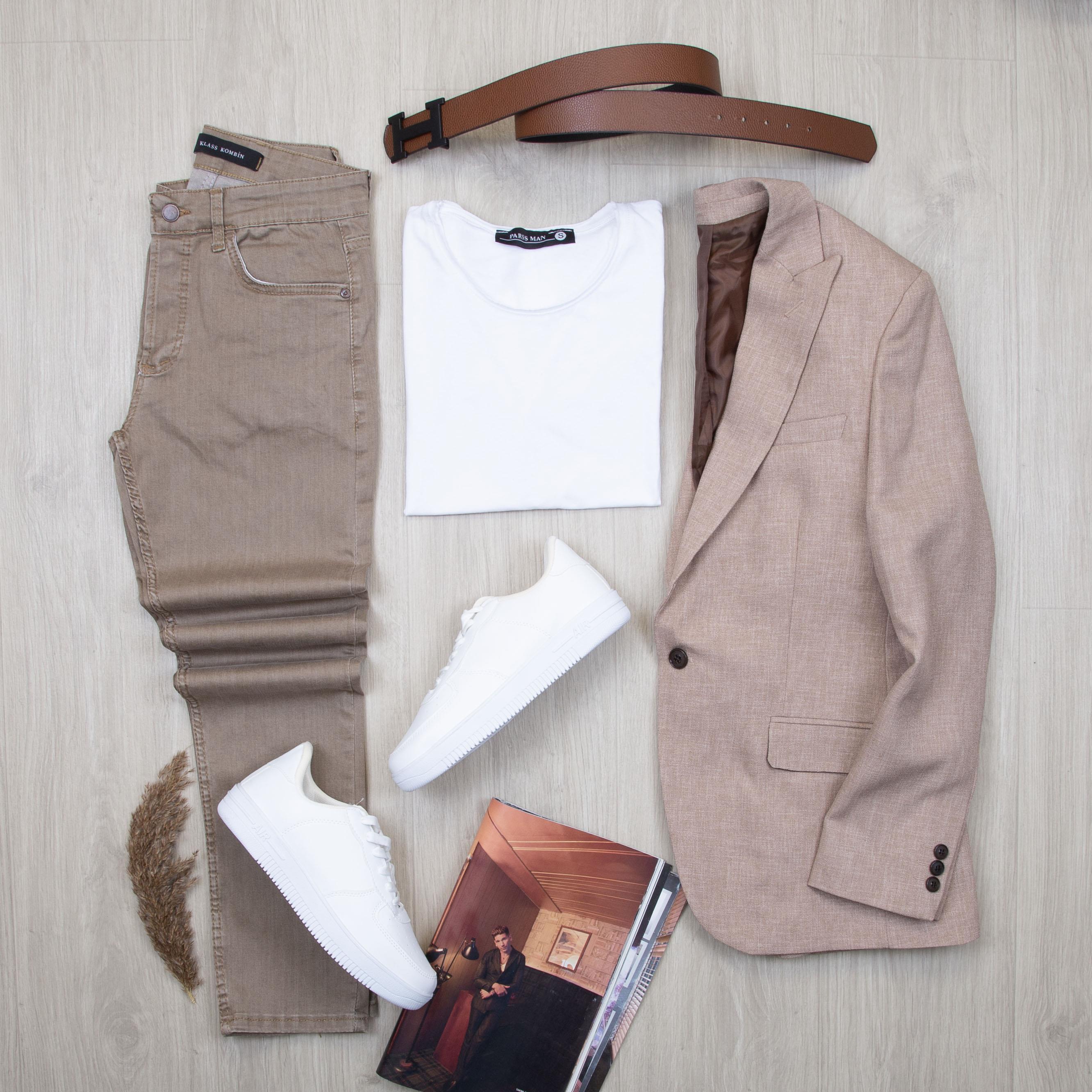 Bej Blazer Ceket Tişört Pantolon Ayakkabı Kombin