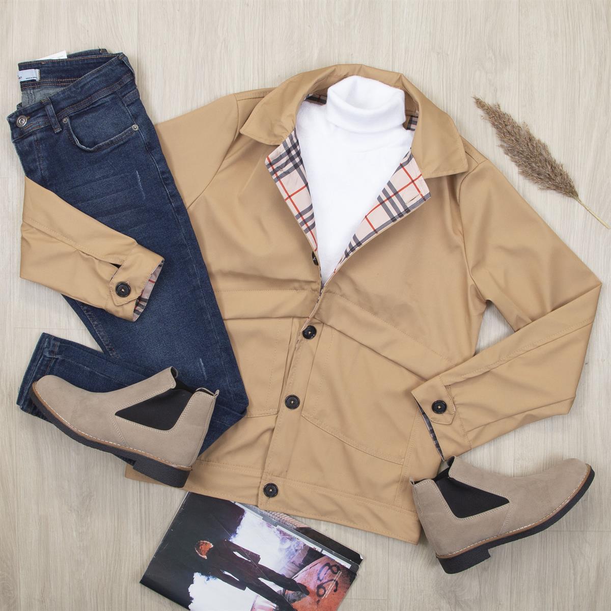 Bej Ceket Boğazlı Body Pantolon Bot Kombin