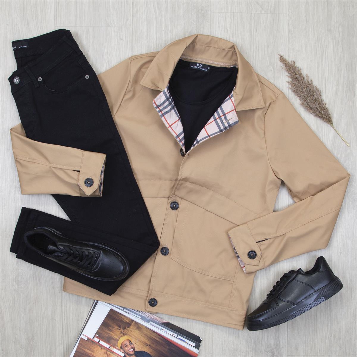 Bej Ceket Tişört Pantolon Ayakkabı Kombin