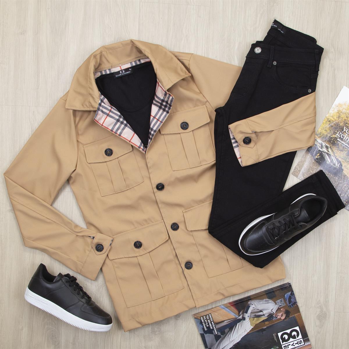 Bej Ceket Tişört Pantolon Ayakkabı Kombin