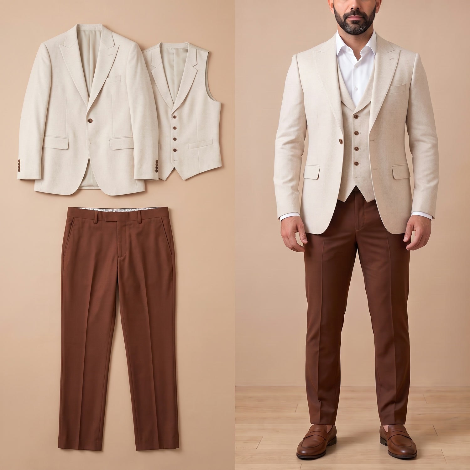 Bej Ceket Yelek Pantolon Takım Erkek | Slim Fit Şık 3'lü Kombin Set