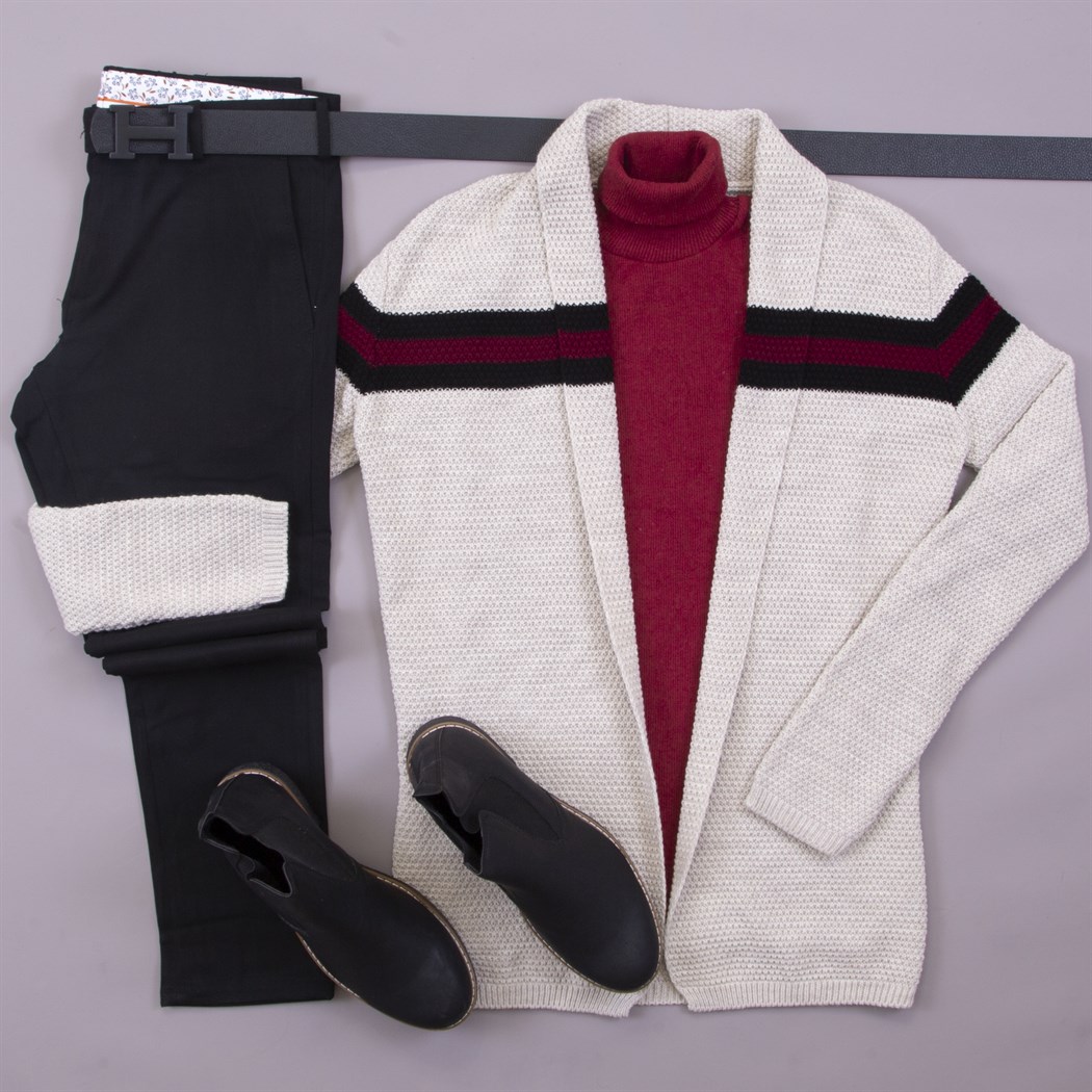 Bej Çizgi Detaylı Hırka Kazak Pantolon Bot Kombin