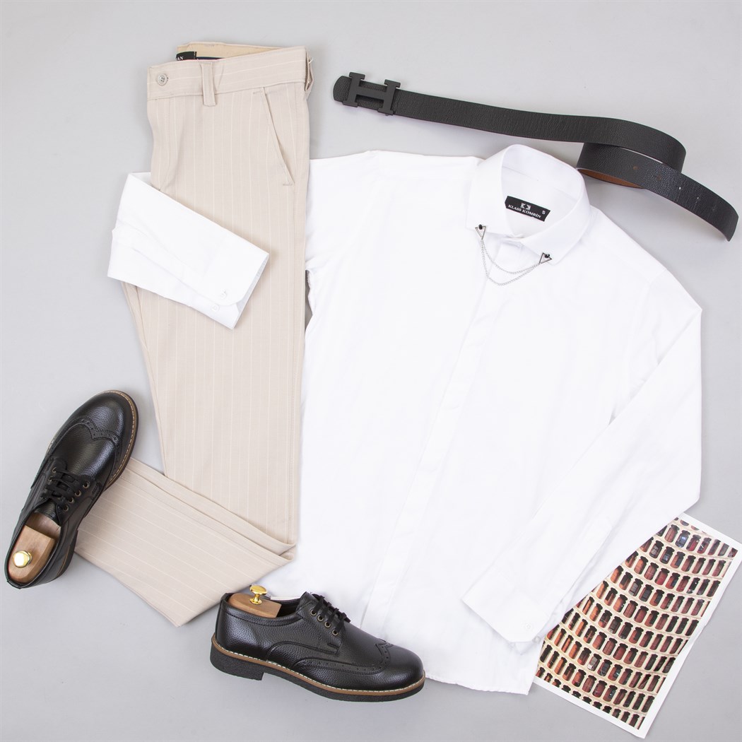 Bej Çizgili Pantolon Gömlek Ayakkabı Kombin