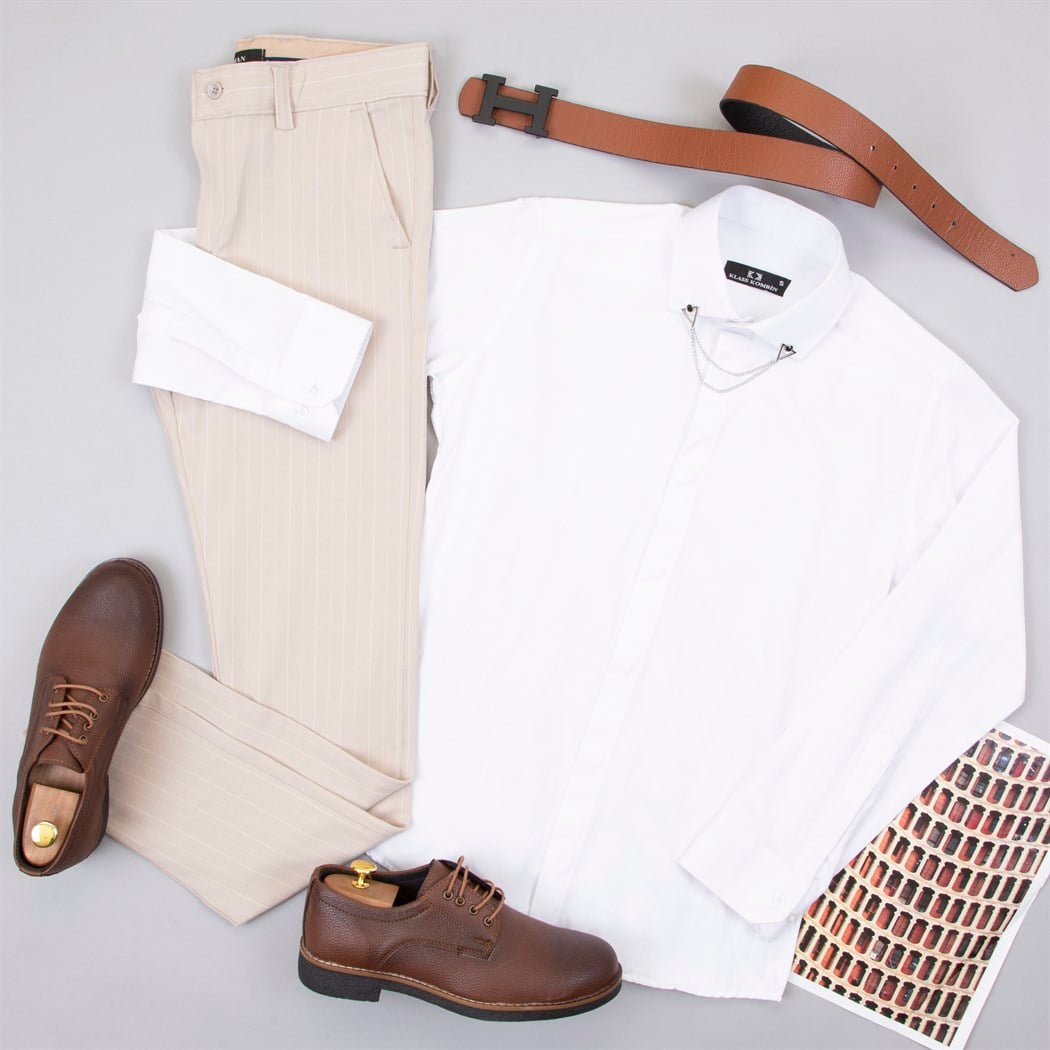 Bej Çizgili Pantolon Gömlek Ayakkabı Kombin