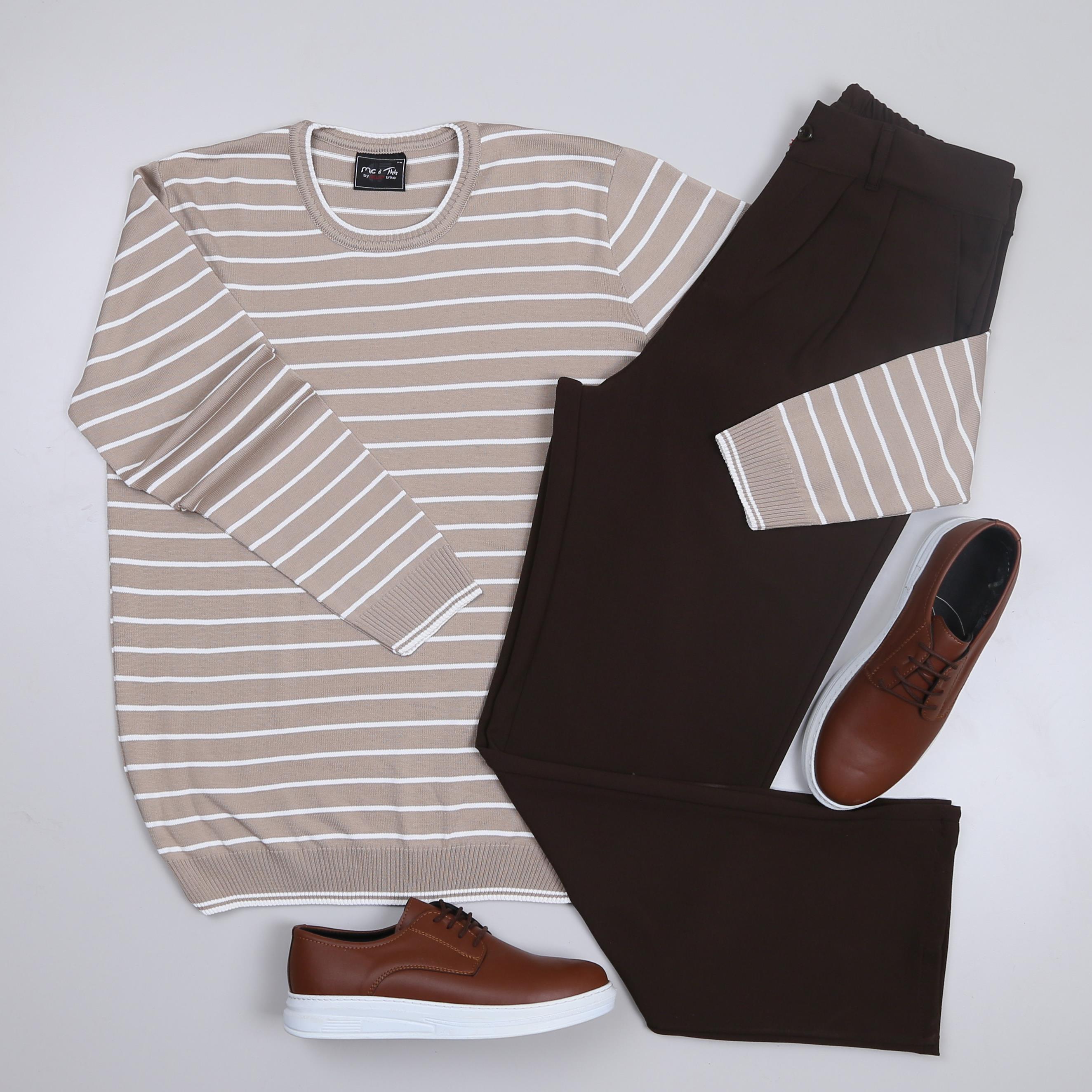 Bej Çizgili triko Baggy Kahve kumaş Pantolon