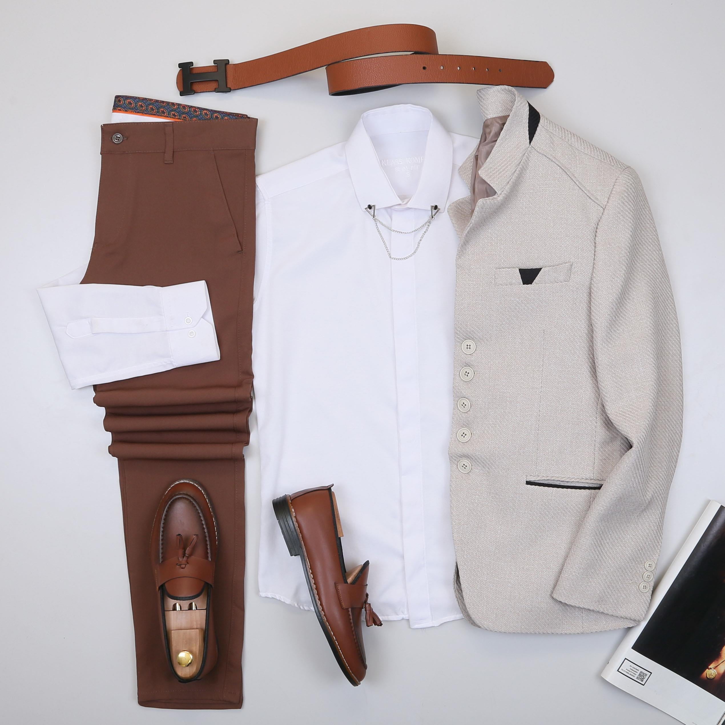 Bej Dik Yaka Blazer Ceket Gömlek Pantolon Ayakkabı Kombin