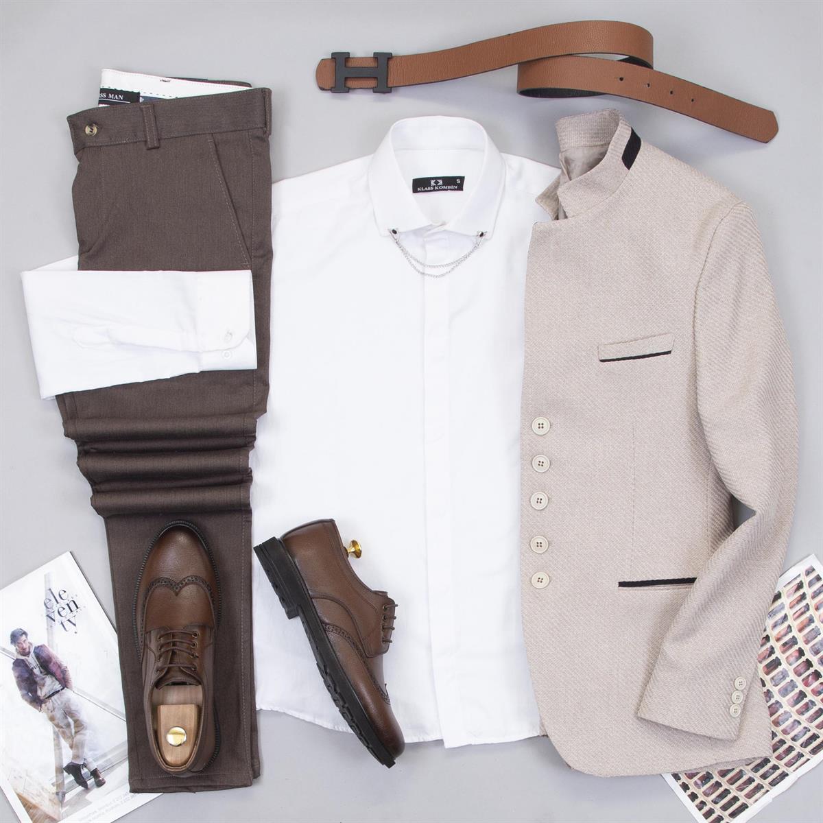 Bej Dik Yaka Blazer Ceket Gömlek Pantolon Ayakkabı Kombin