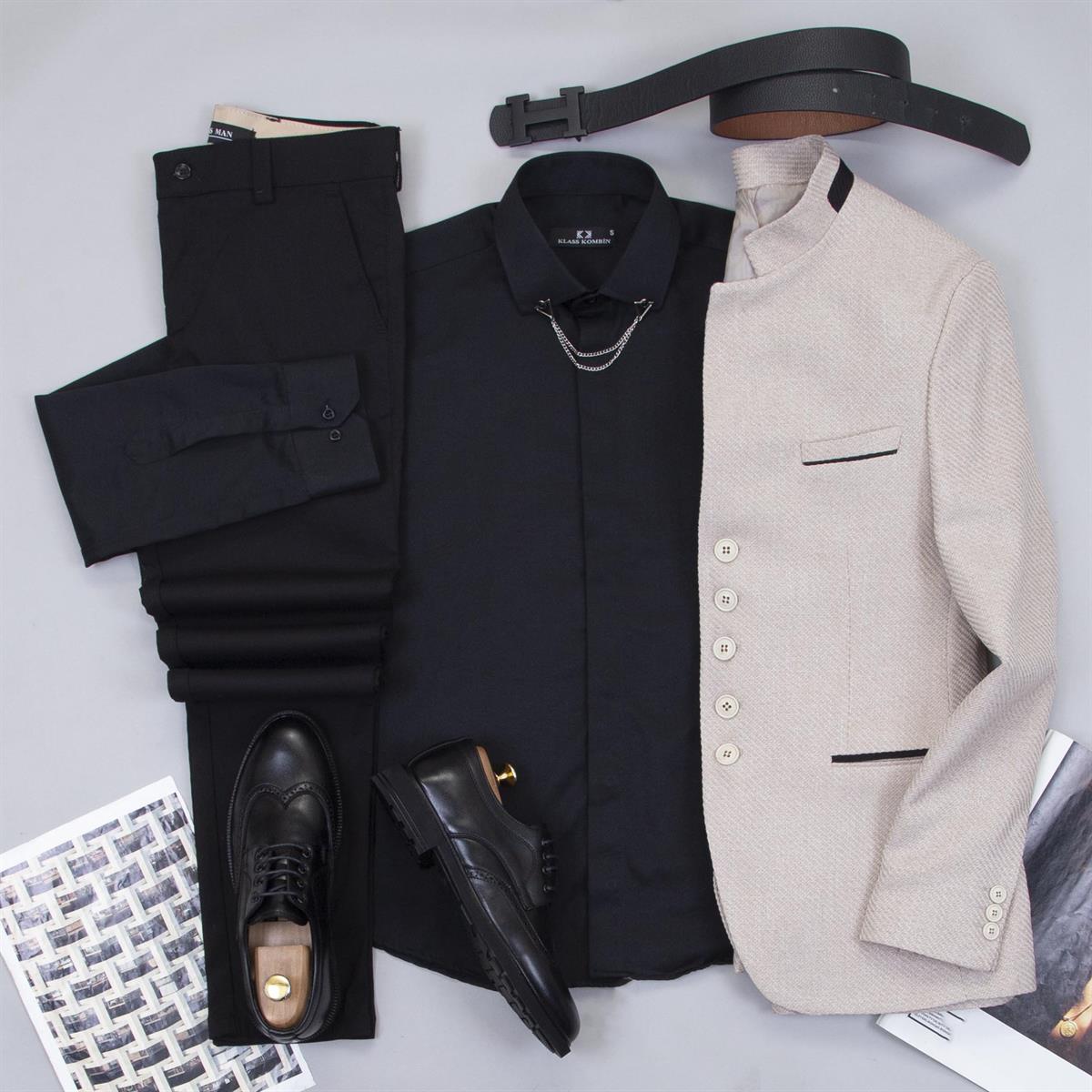 Bej Dik Yaka Blazer Ceket Gömlek Pantolon Ayakkabı Kombin