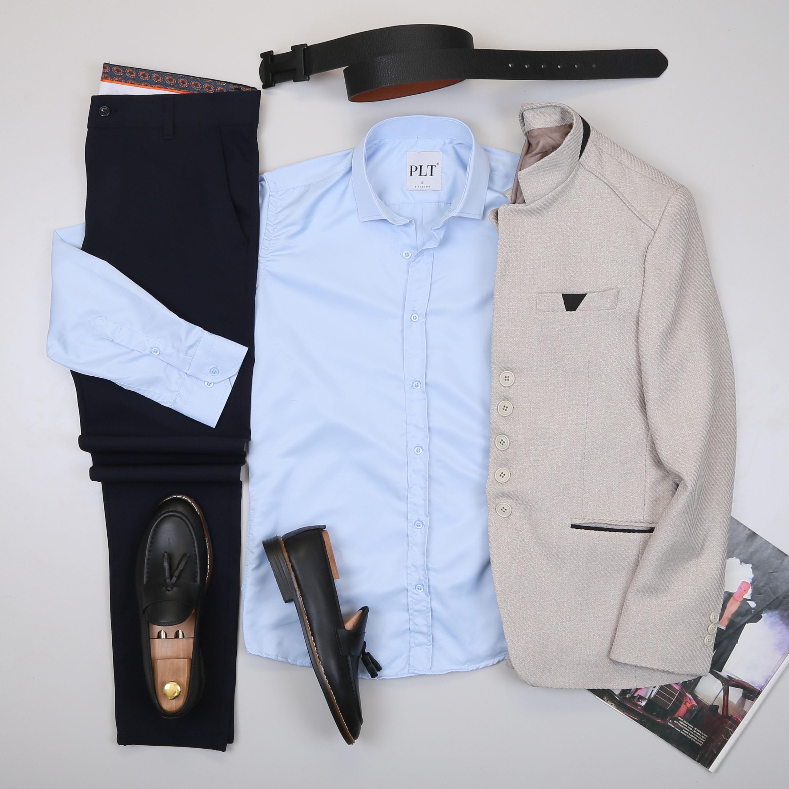 Bej Dik Yaka Blazer Ceket Gömlek Pantolon Ayakkabı Kombin