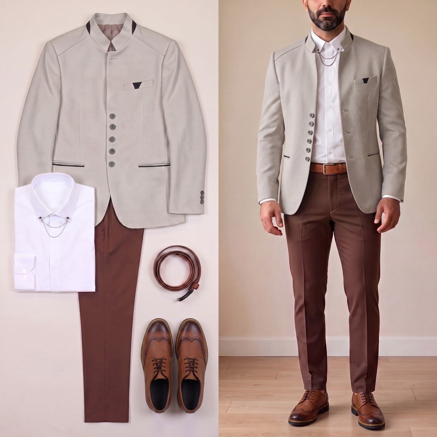 Bej Dik Yaka Blazer Ceket Kombini Erkek | Slim Fit Şık Komple Set 