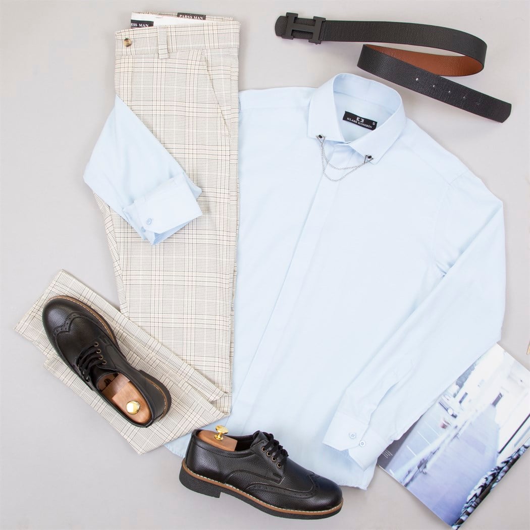 Bej Ekoseli Pantolon Gömlek Ayakkabı Kombin