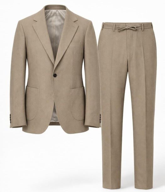 Bej Gofre Kumaş Ceket Pantolon Kombini