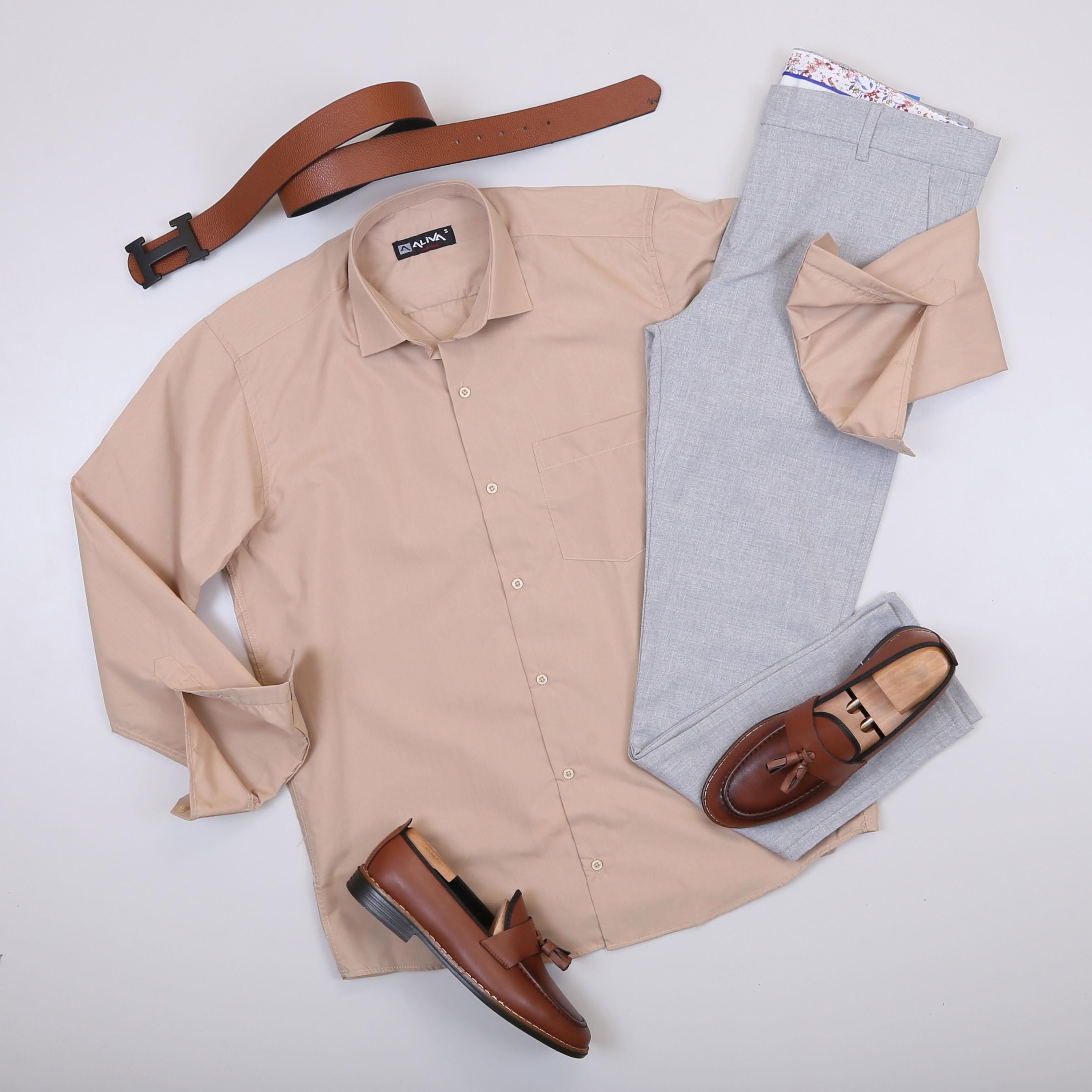 Bej Gömlek Gri Pantolon Ayakkabı Kombin