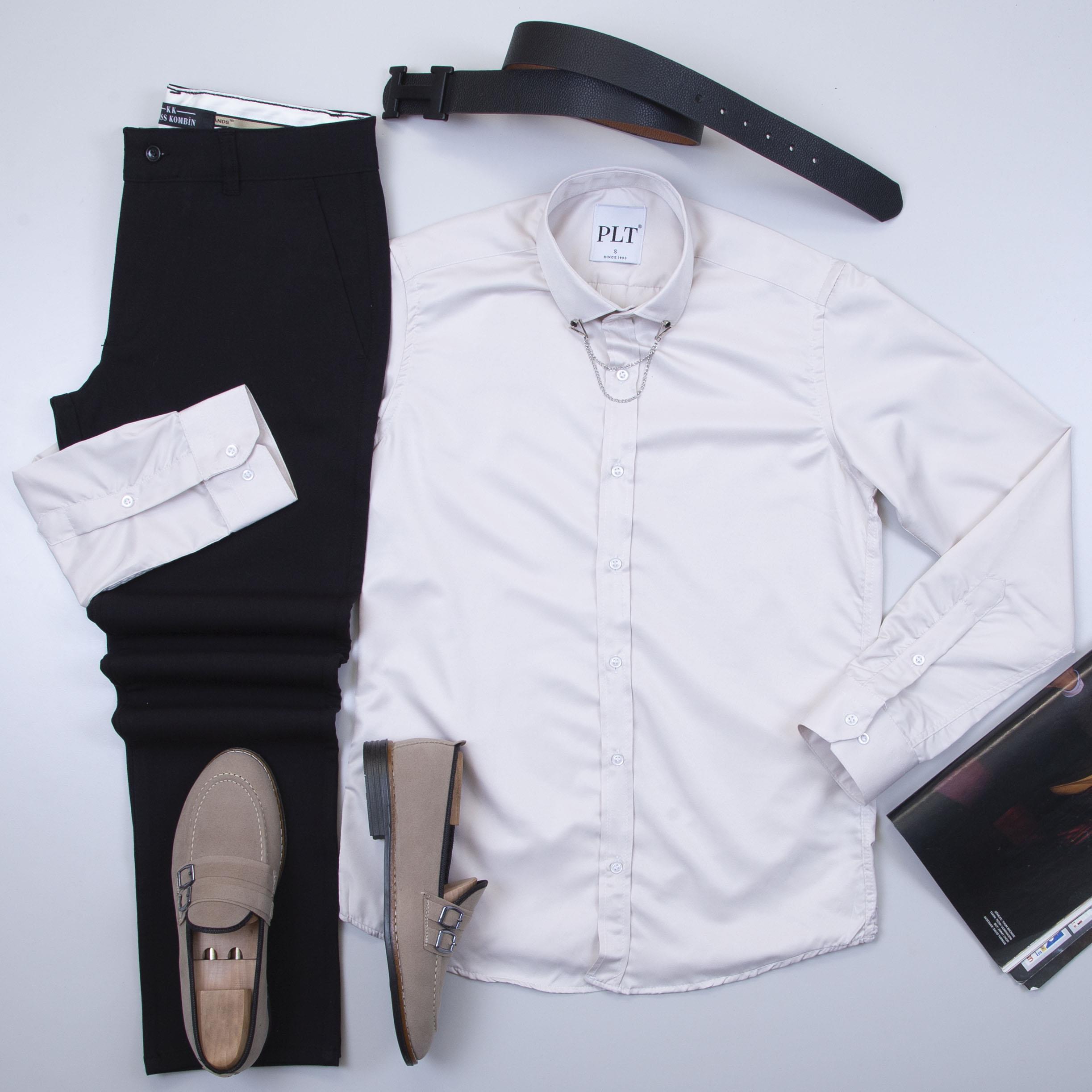 Bej Gömlek Siyah Pantolon Ayakkabı Kombin