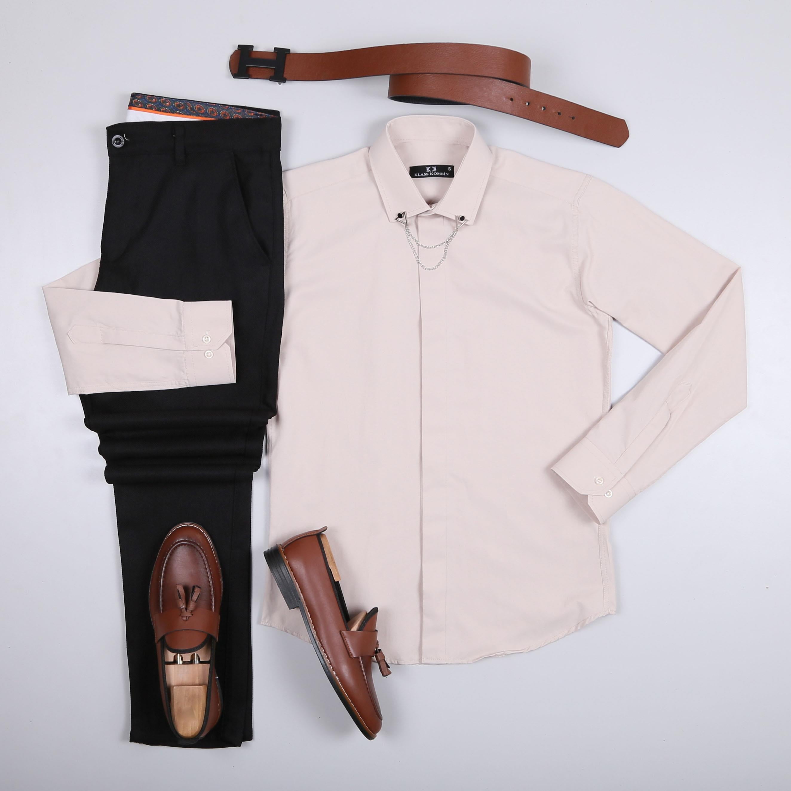 Bej Gömlek Siyah Pantolon Ayakkabı Kombin