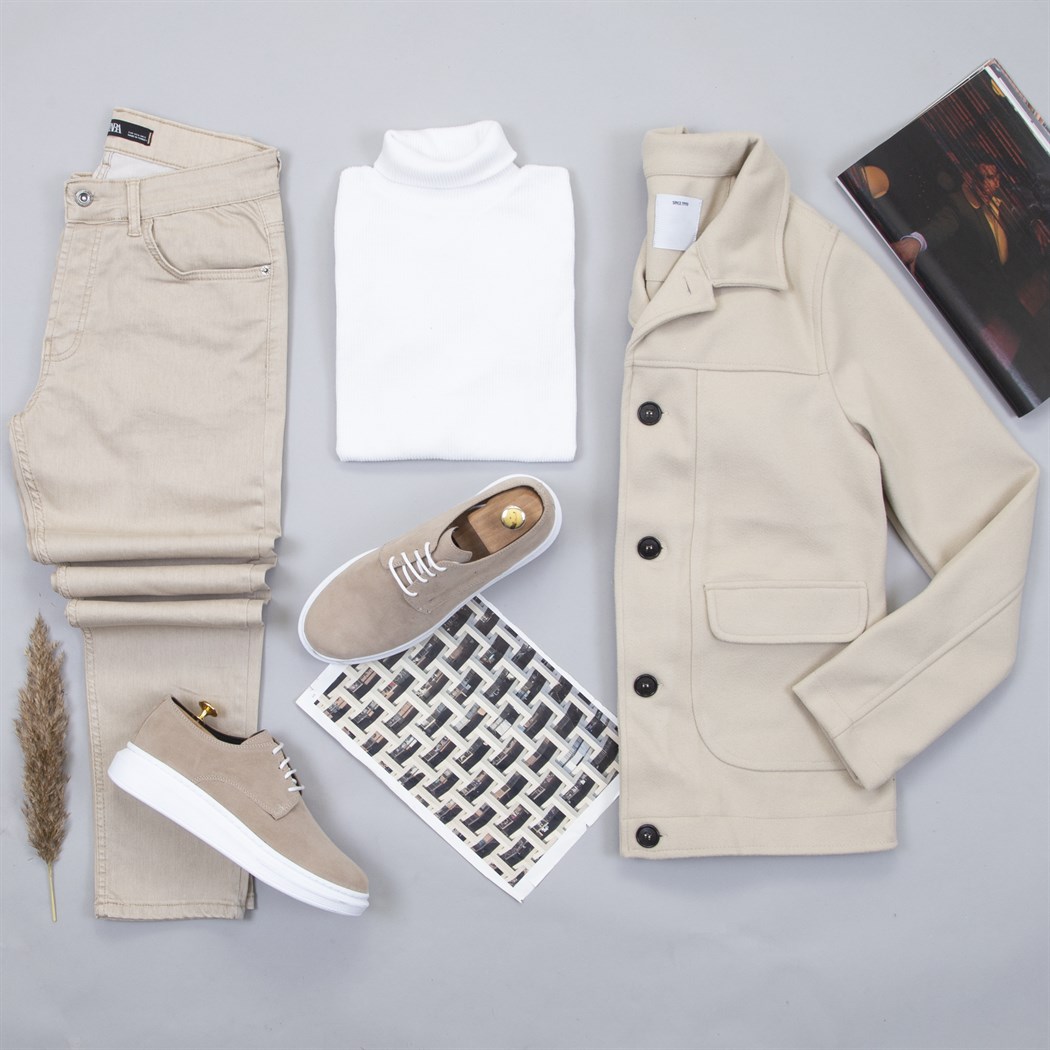 Bej Kaşe Ceket Boğazlı Kazak Pantolon Ayakkabı Kombin