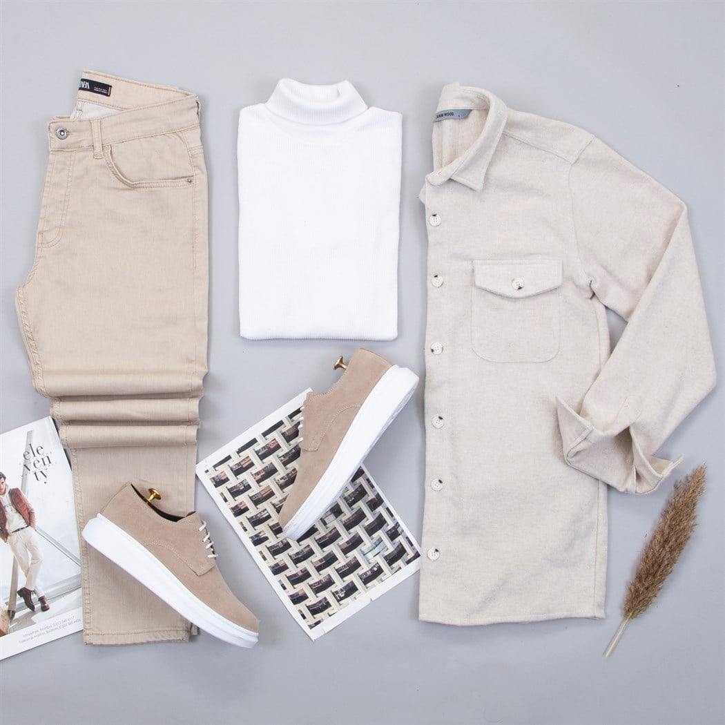 Bej Kaşe Gömlek Boğazlı Kazak Pantolon Ayakkabı Kombin