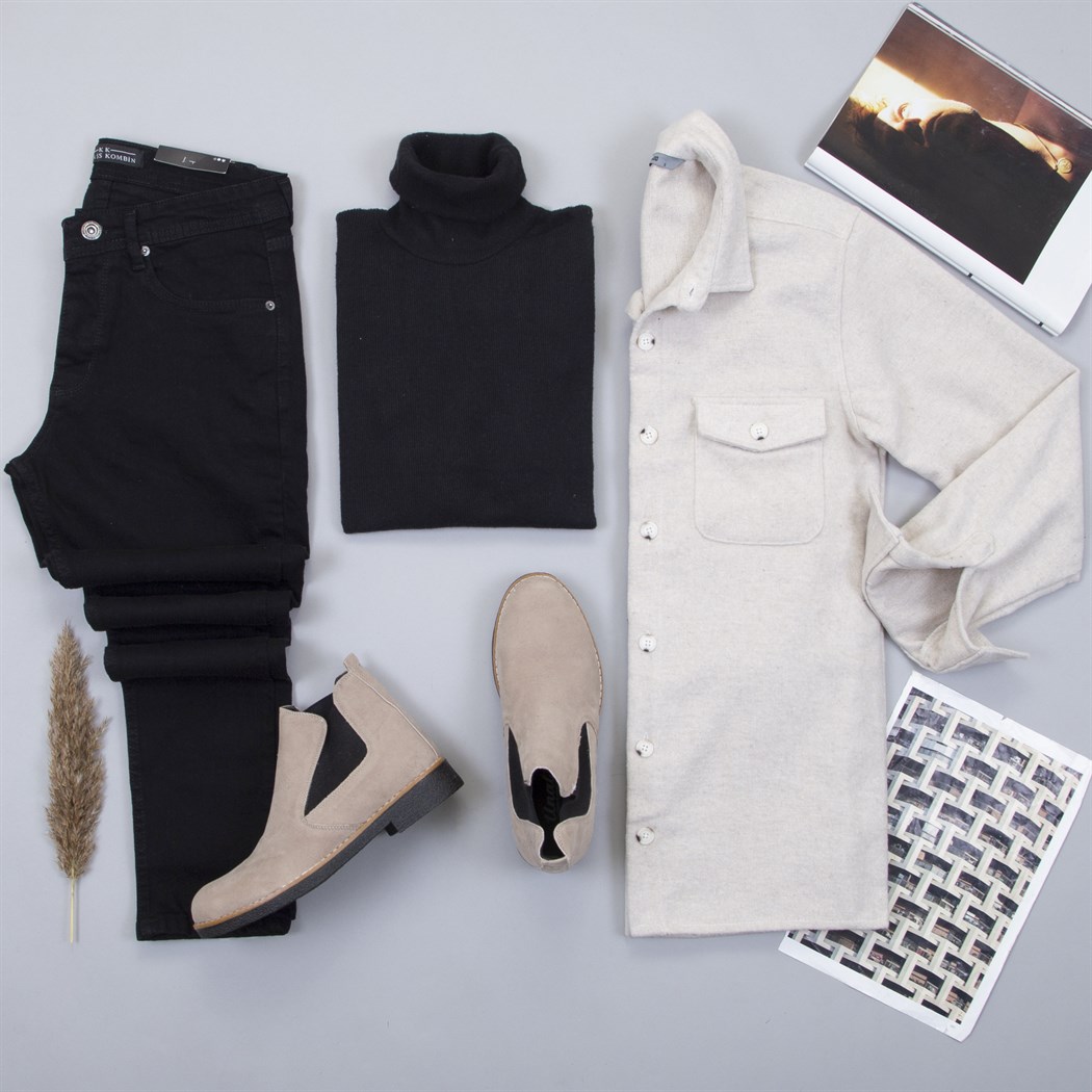 Bej Kaşe Gömlek Boğazlı Kazak Pantolon Bot Kombin