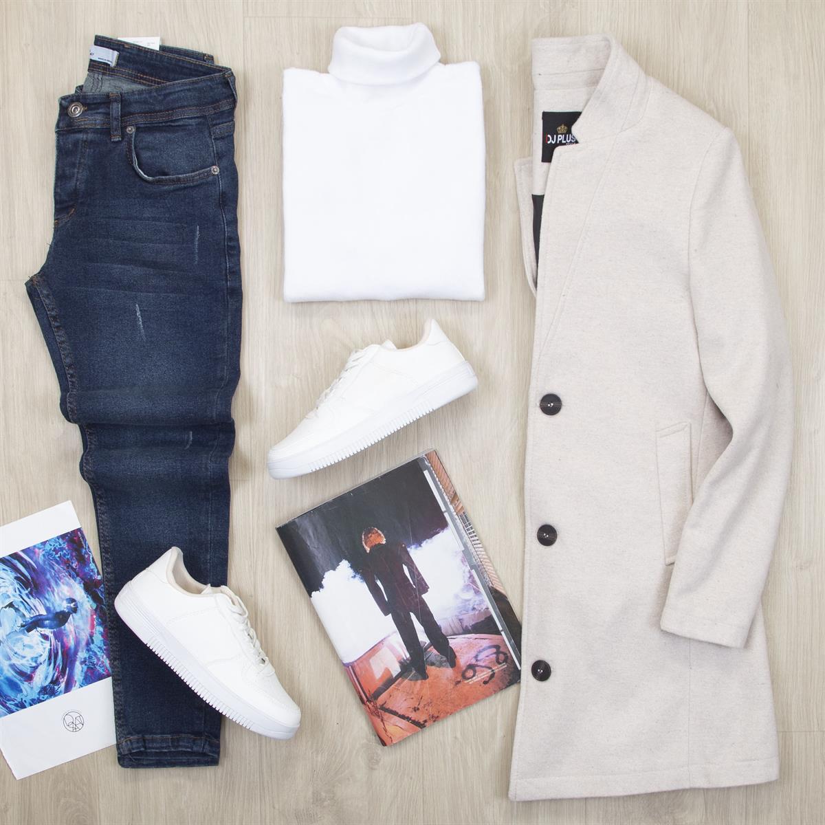 Bej Kaşe Kaban Boğazlı Body Pantolon Ayakkabı Kombin