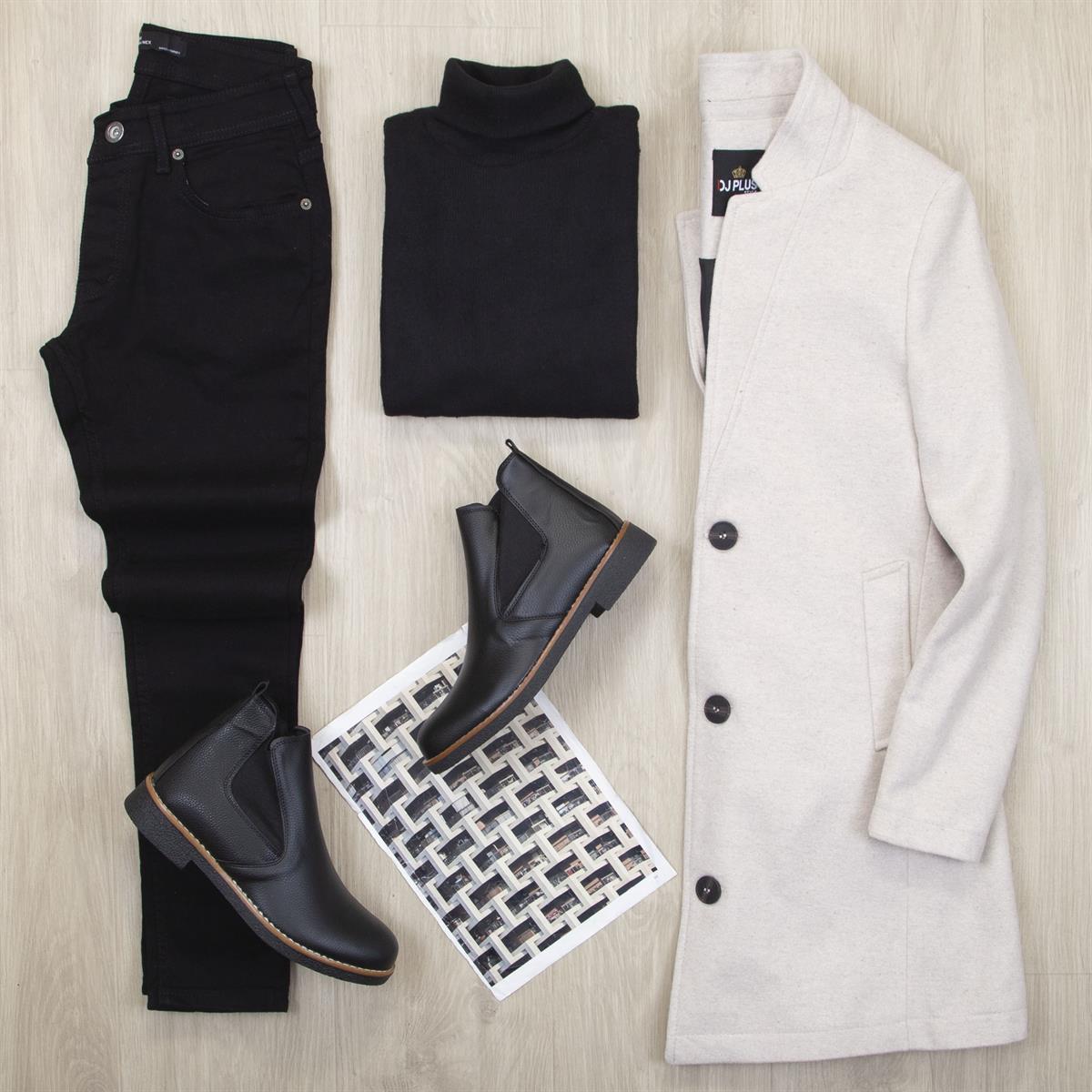 Bej Kaşe Kaban Boğazlı Body Pantolon Bot Kombin