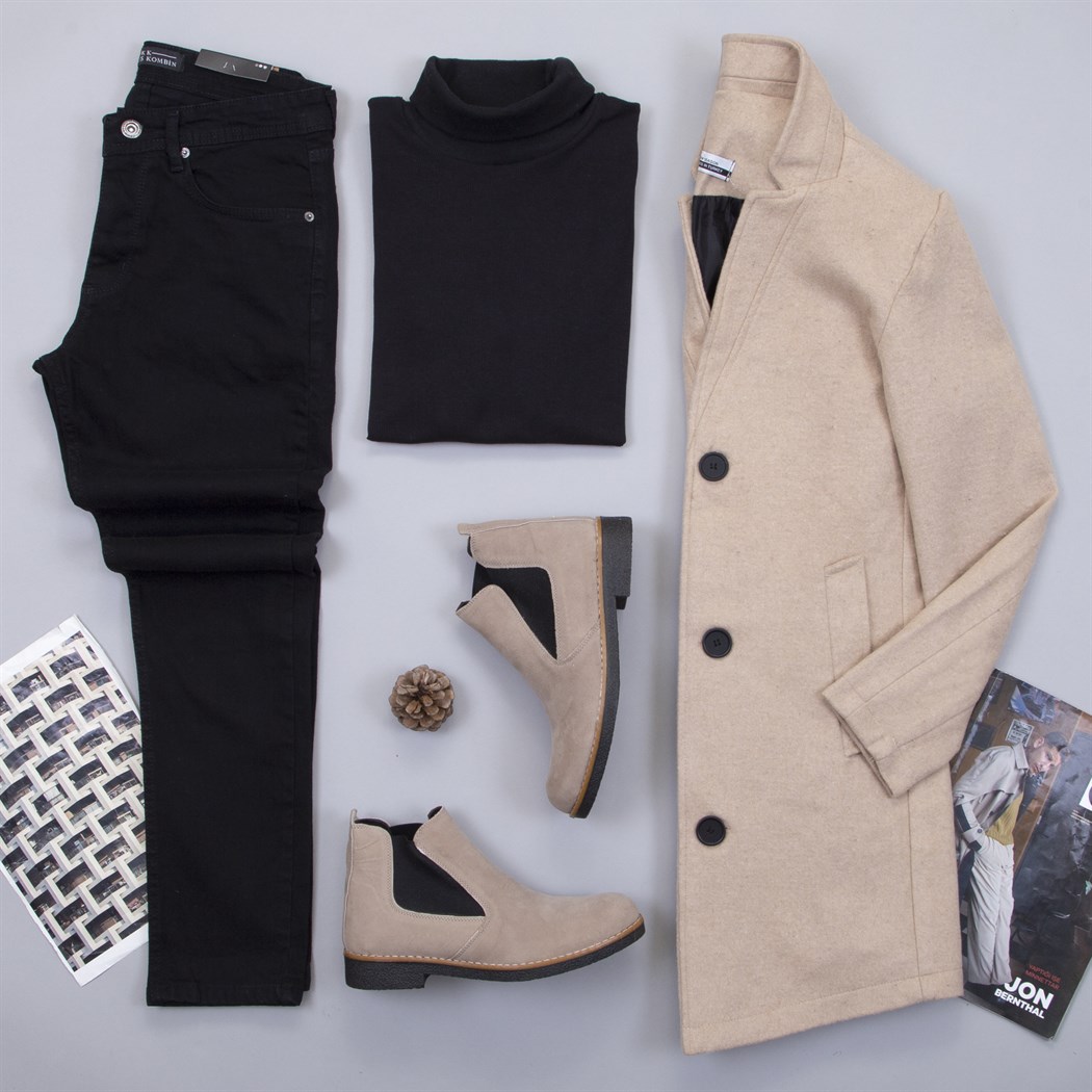 Bej Kaşe Kaban Boğazlı Kazak Pantolon Bot Kombin