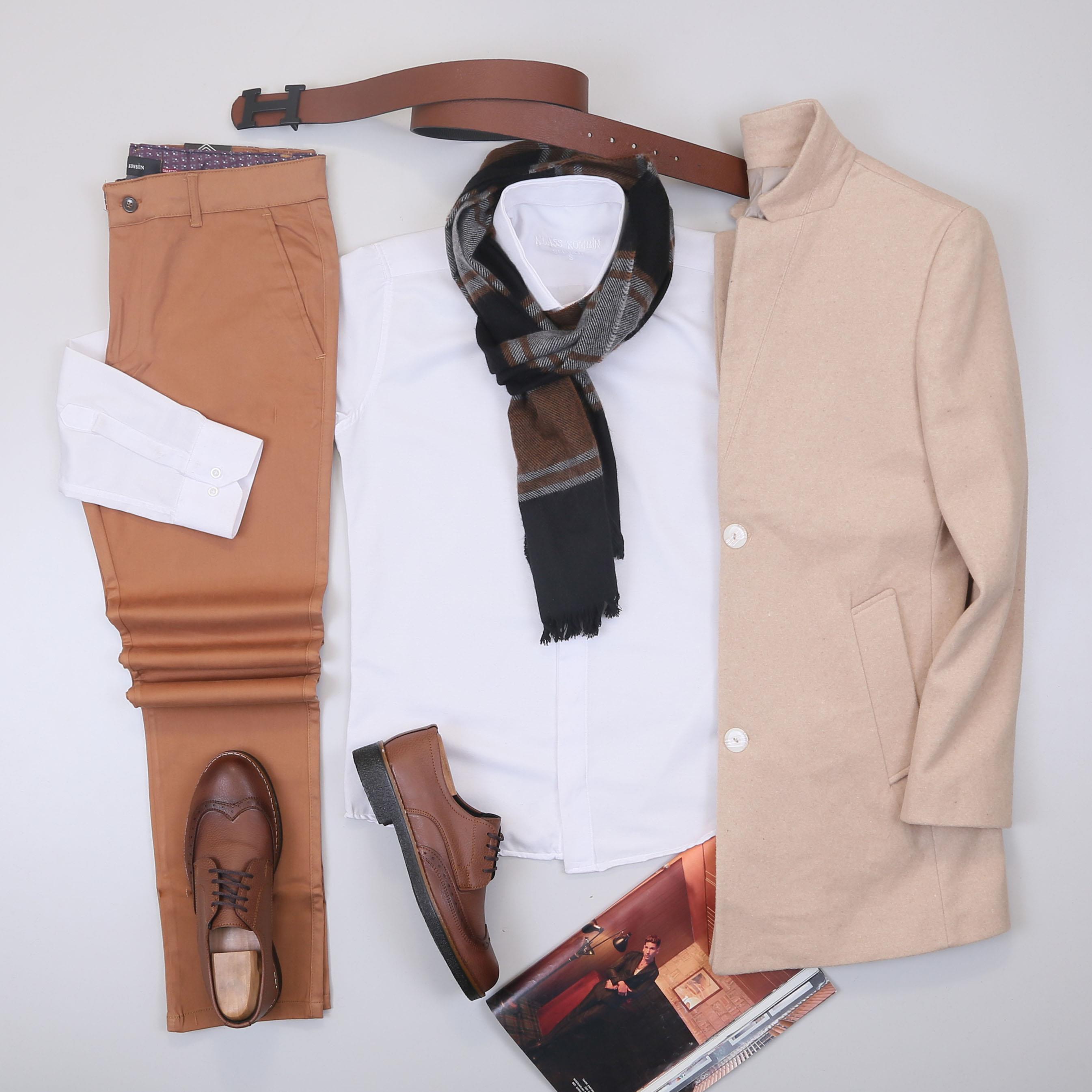 Bej Kaşe Kaban Gömlek Pantolon Ayakkabı Kombin