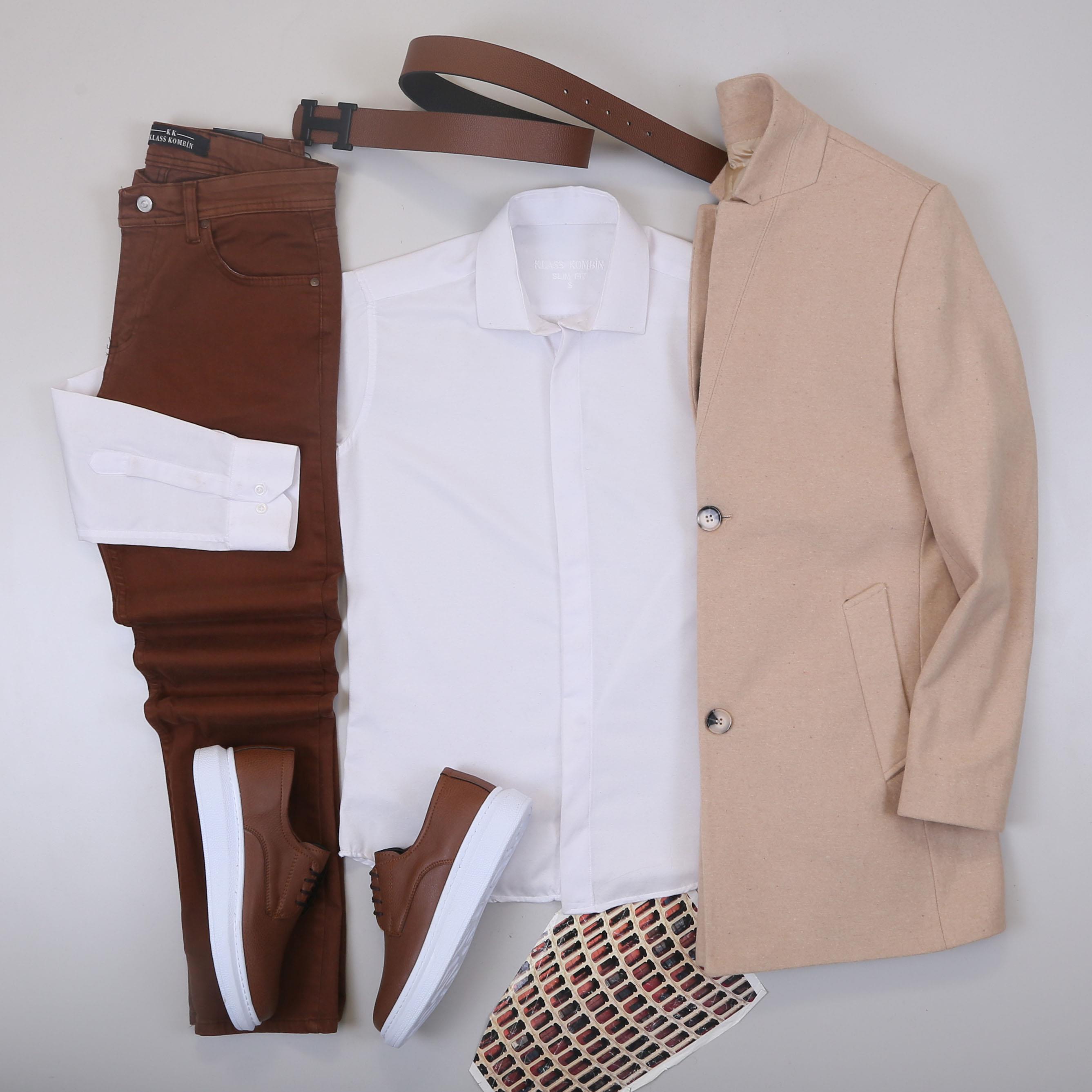 Bej Kaşe Kaban Gömlek Pantolon Ayakkabı Kombin