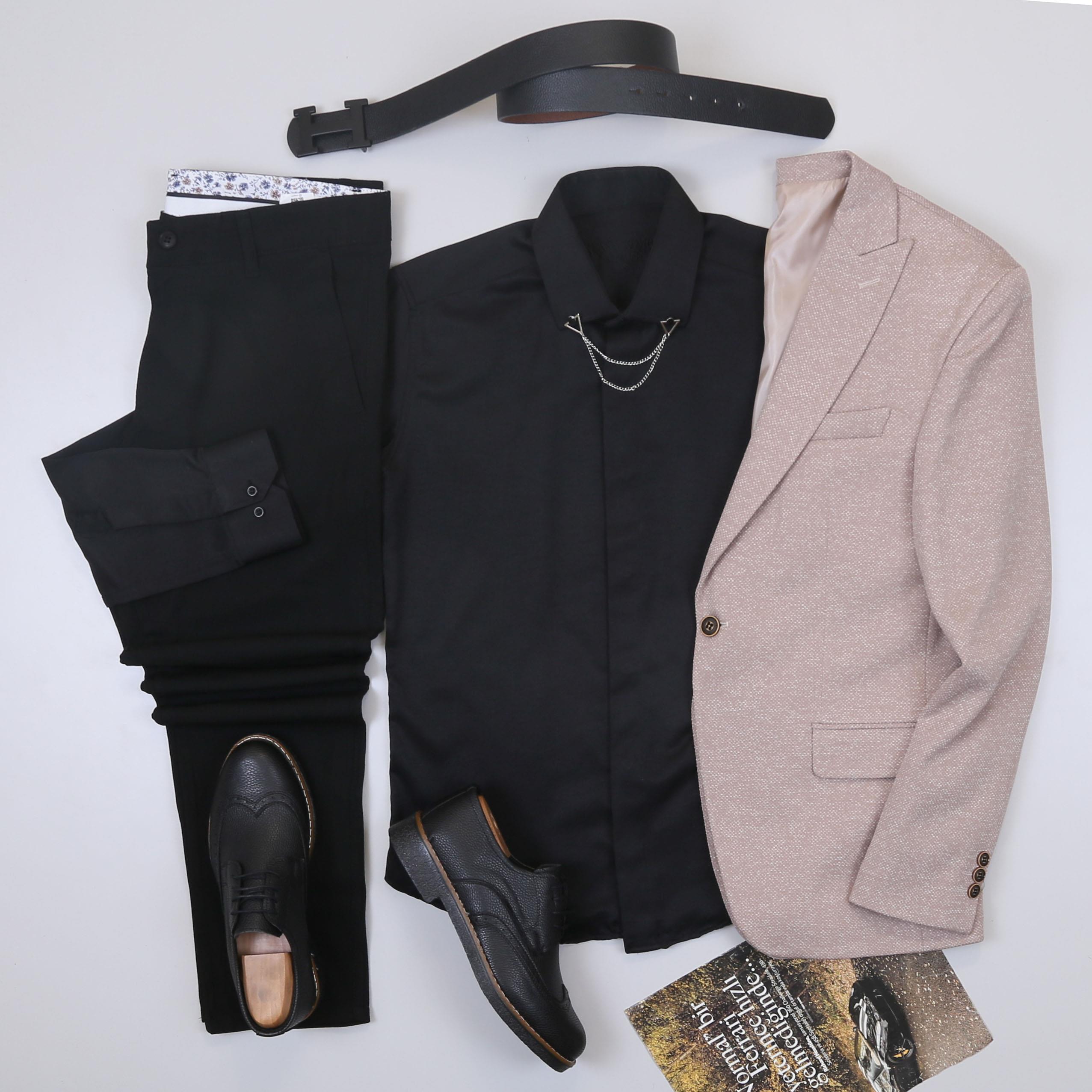 Bej Kırçıllı Blazer Ceket Gömlek Pantolon Ayakkabı Kombin