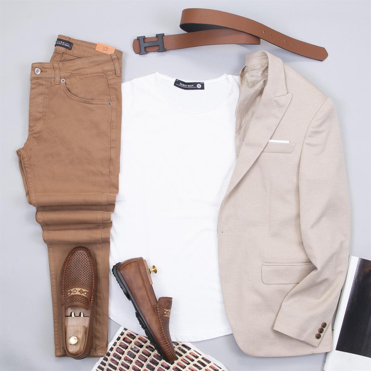 Bej Kırçıllı Blazer Ceket Gömlek Pantolon Ayakkabı Kombin